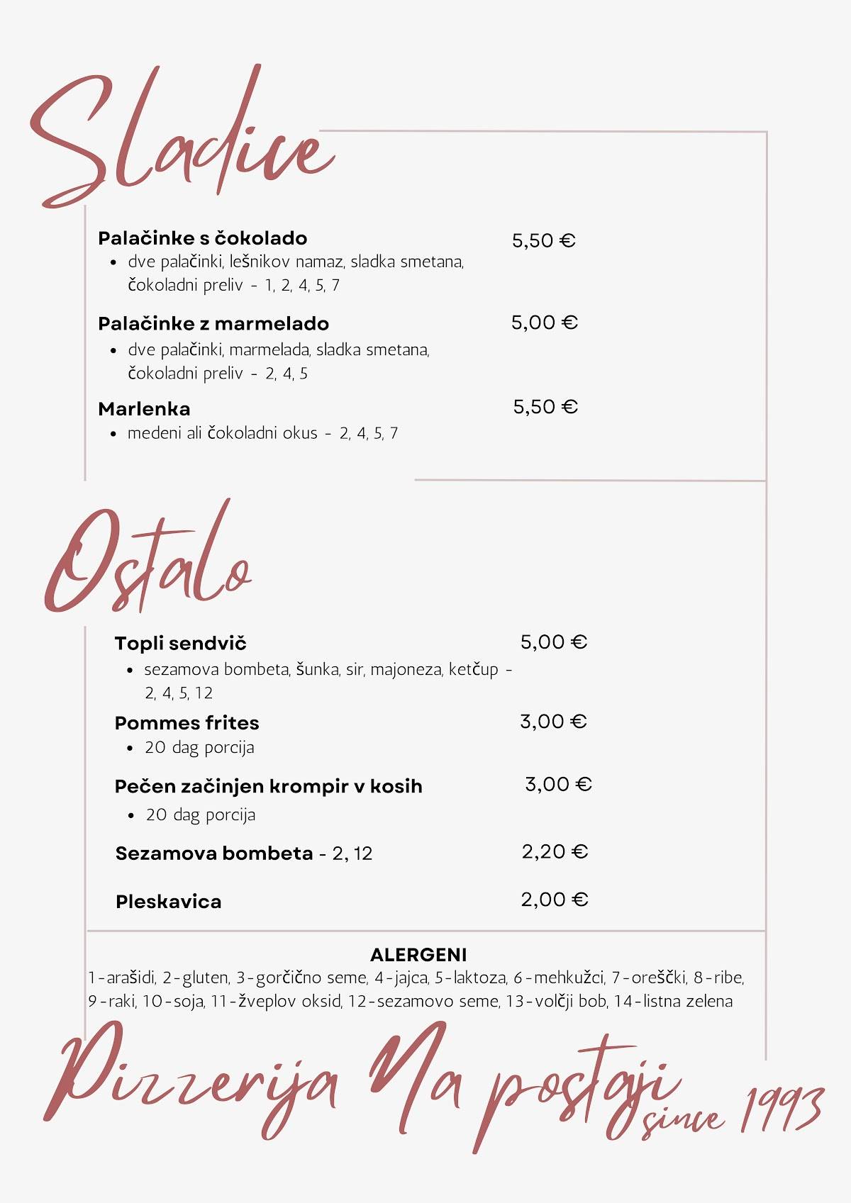 Menu di Pizzerija na postaji Vladimir Frajdl s.p. 