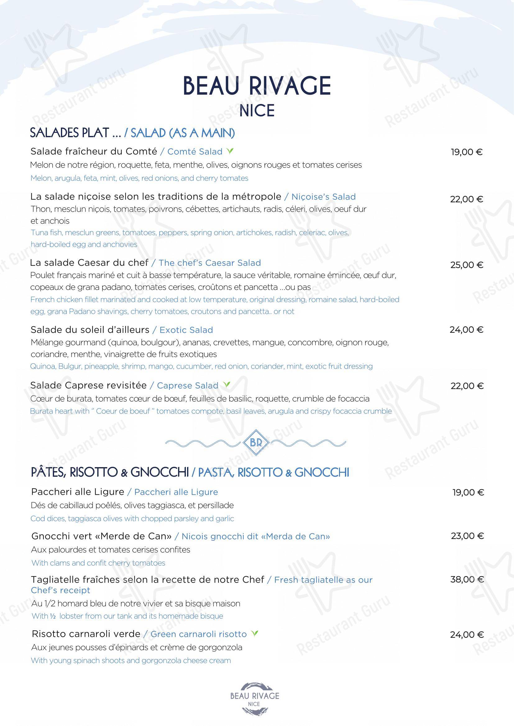 Menu pour Plage Beau Rivage Nice dans Nice
