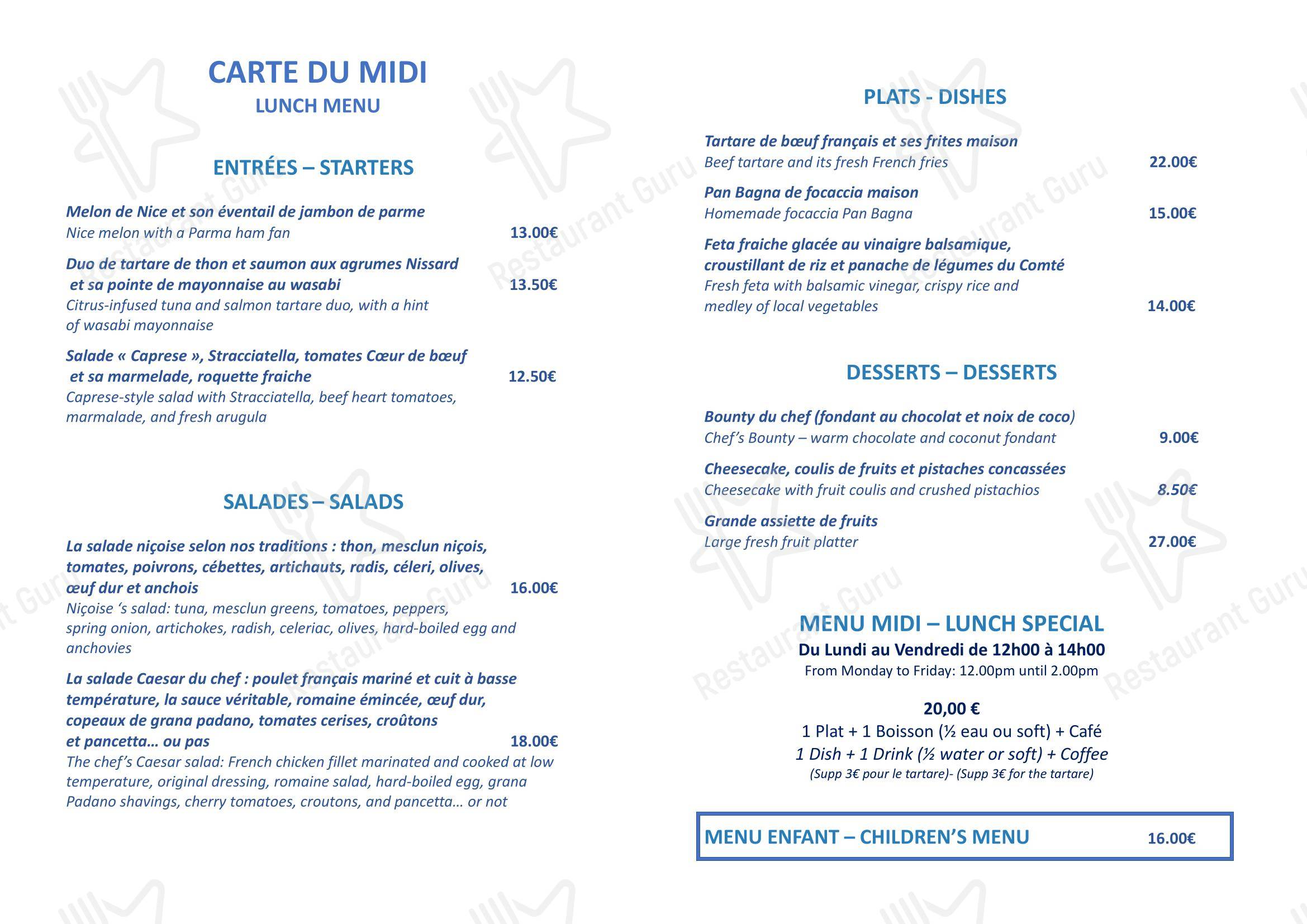 Menu pour Plage Beau Rivage Nice - 菜单