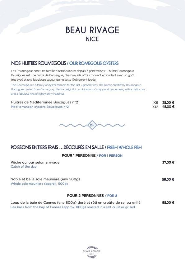 Menu de Plage Beau Rivage Nice