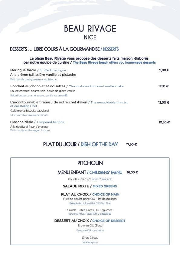 Menu de Plage Beau Rivage Nice