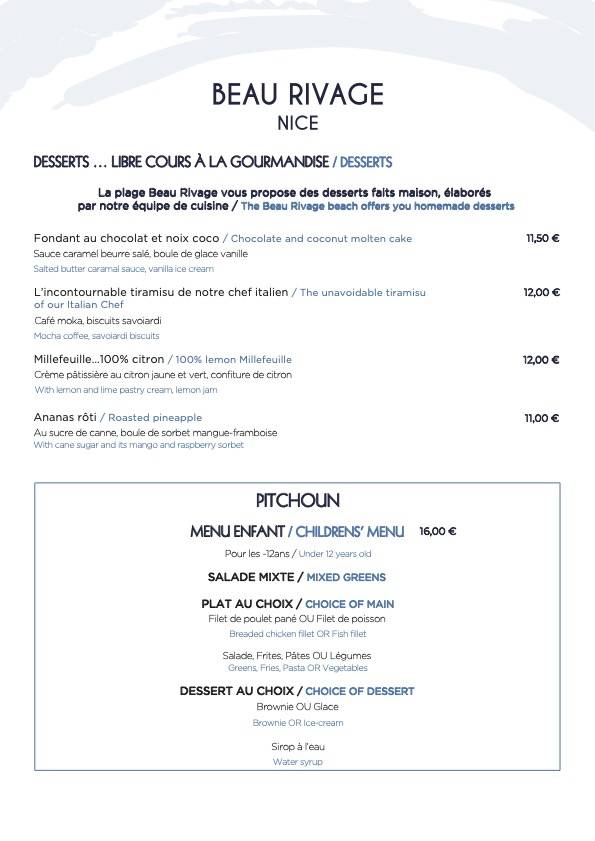 Menu de Plage Beau Rivage Nice