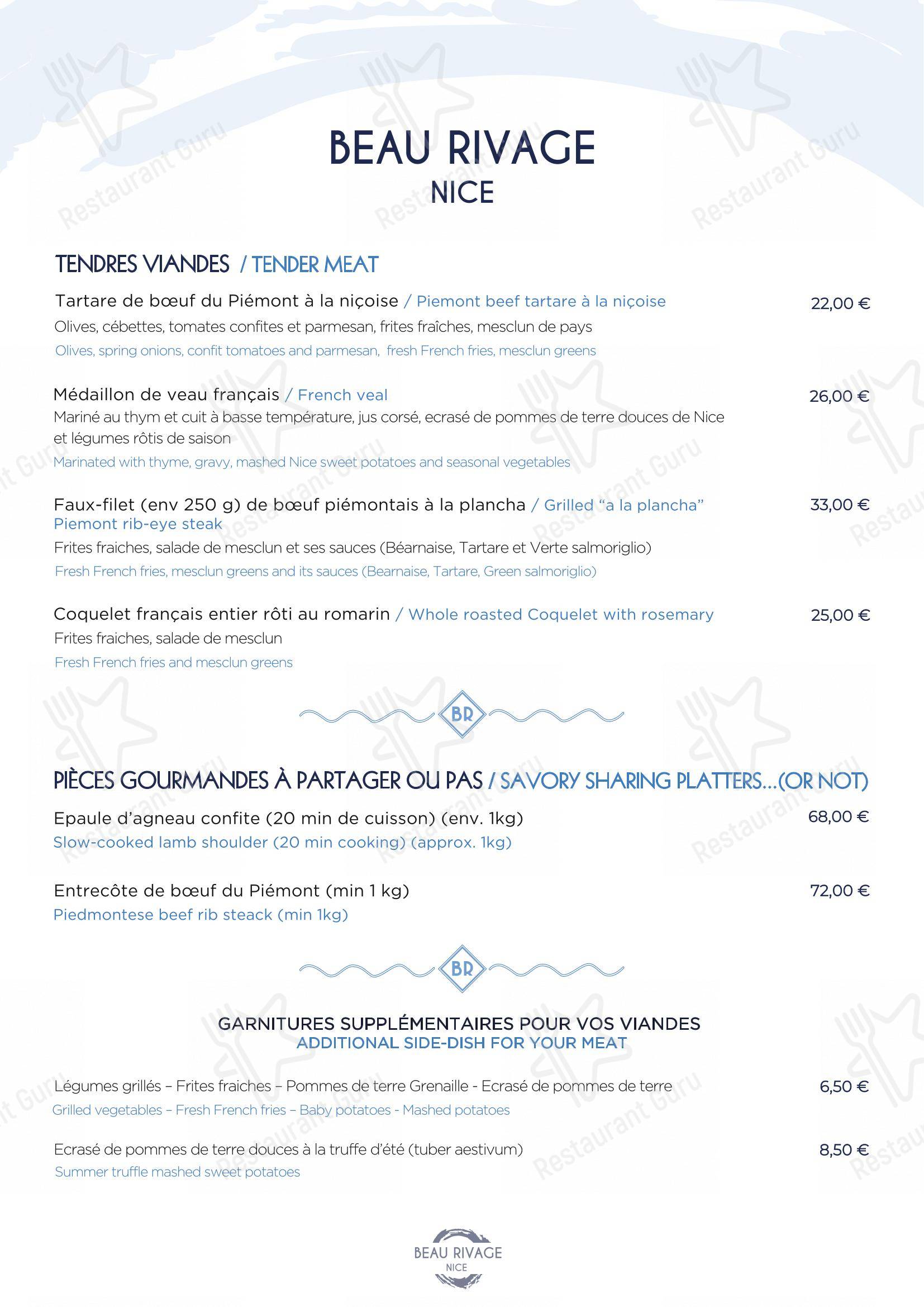 Menu pour Plage Beau Rivage Nice restaurant