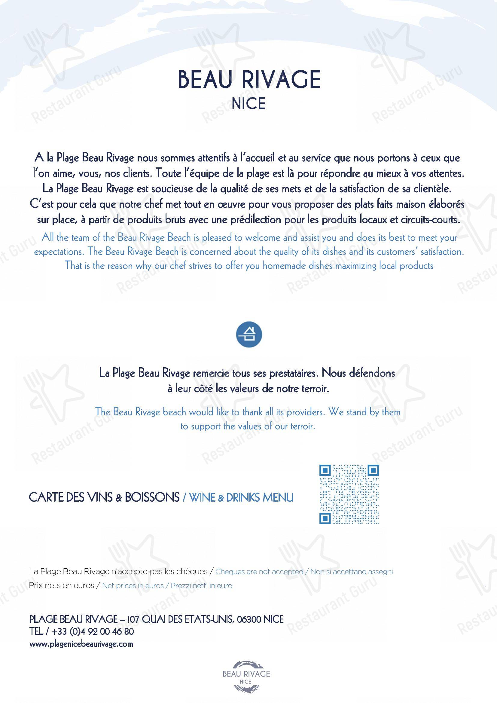 Plage Beau Rivage Nice dans Nice - Menu