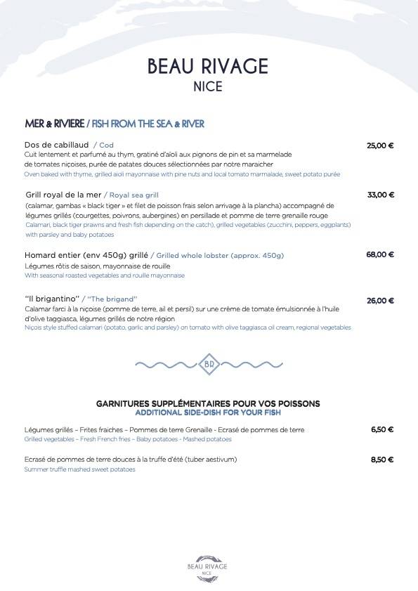 Menu de Plage Beau Rivage Nice