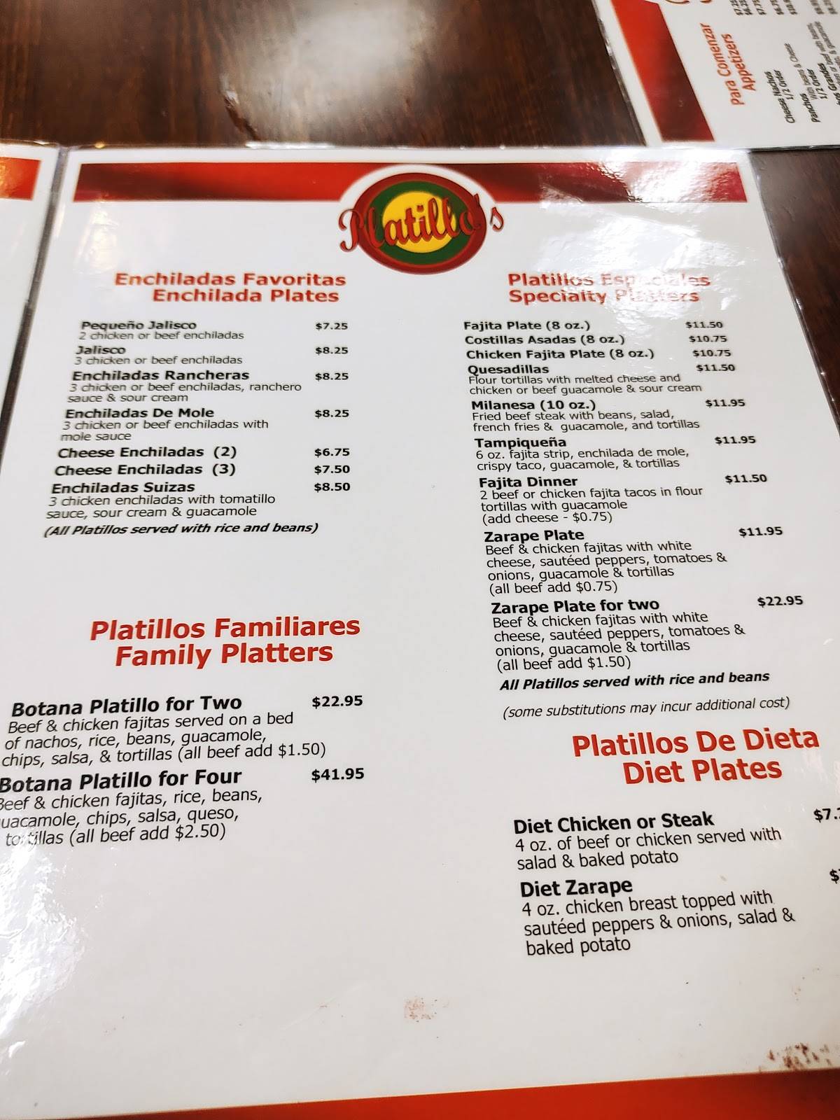 Menu at Platillo's restaurant, Harlingen
