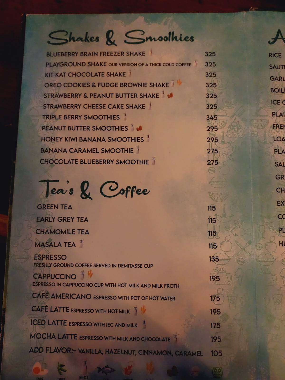 Playground Cafe and Bar menu