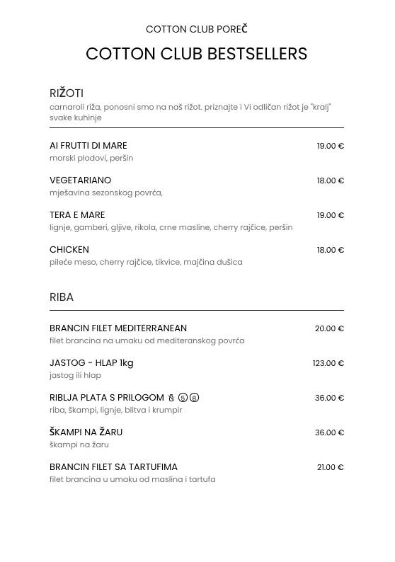 Menu di Cotton Club Porec 