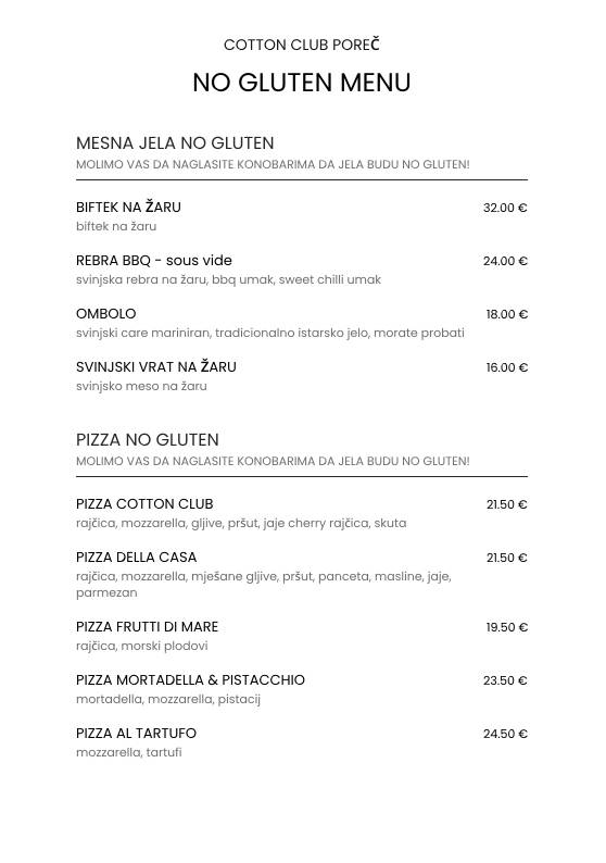 Menu di Cotton Club Porec 