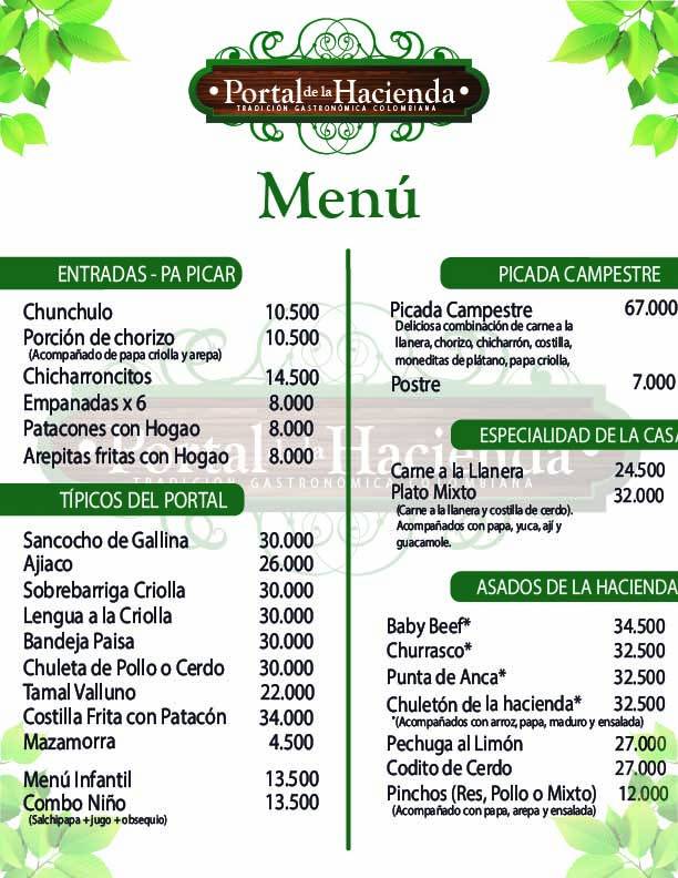 Carta del restaurante Portal del la Hacienda, Cali
