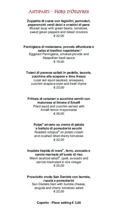 Menu di La Pergola 