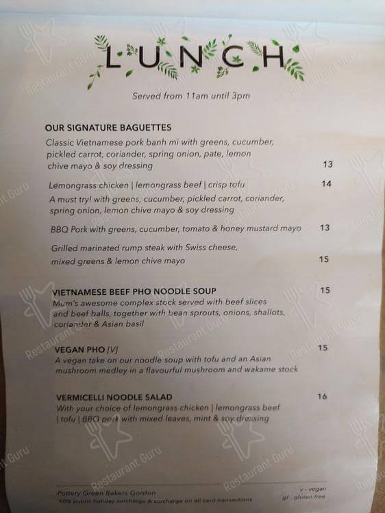 Menu at Pottery Green Bakers Turramurra cafe, Turramurra