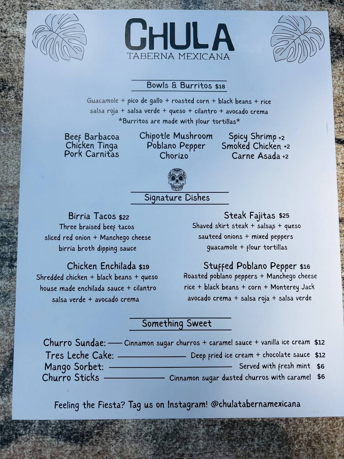 Menu de Chula Taberna Mexicana