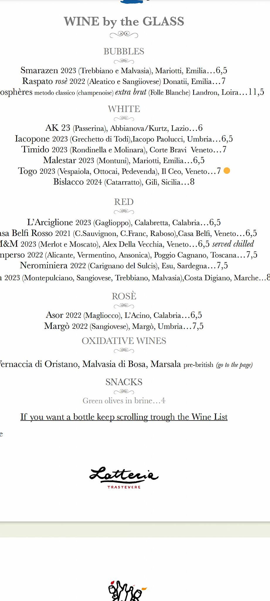 Menu di Latteria Trastevere 
