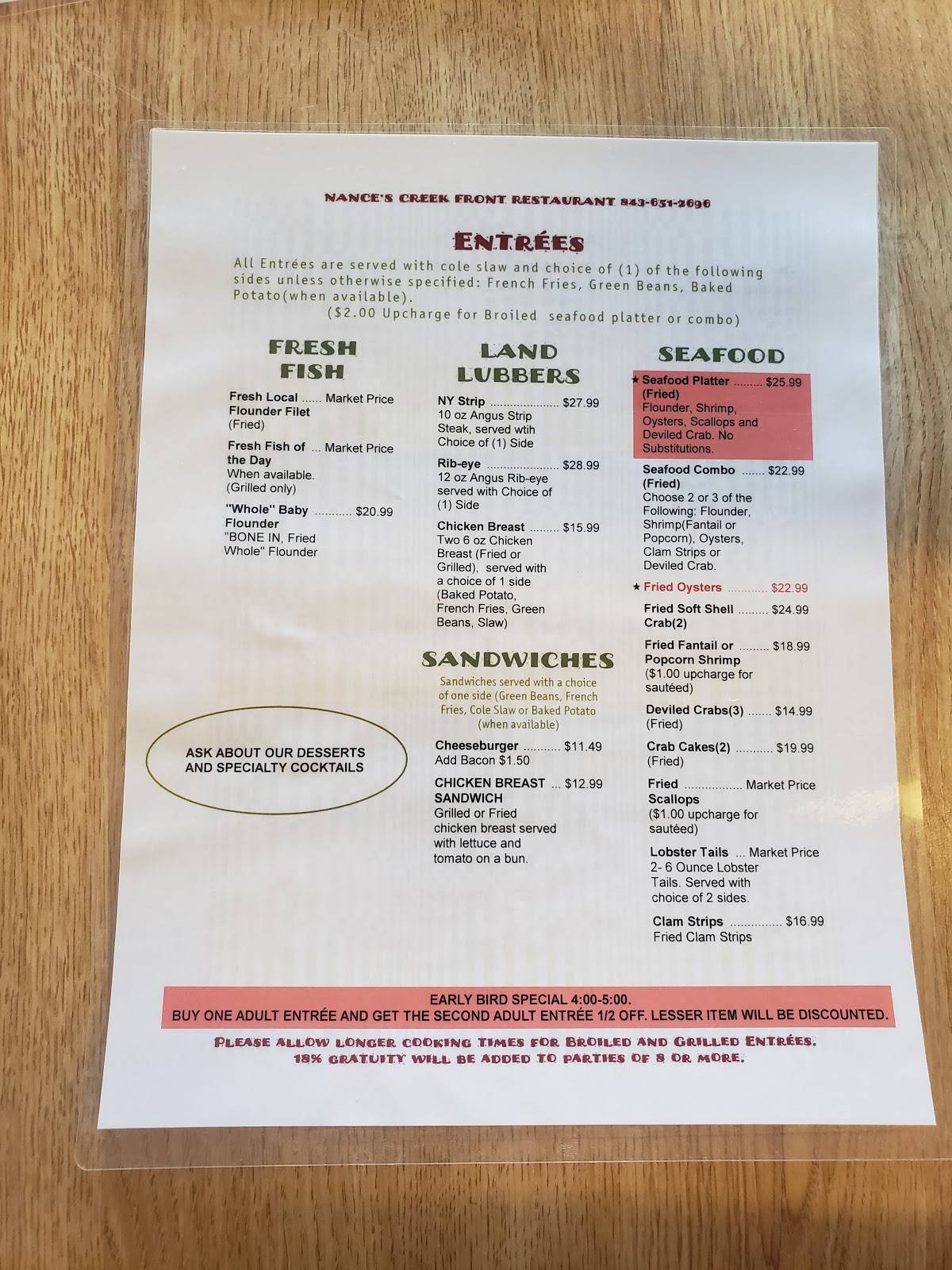 Menu at Nance's Restaurant, Murrells Inlet, US17 BUS