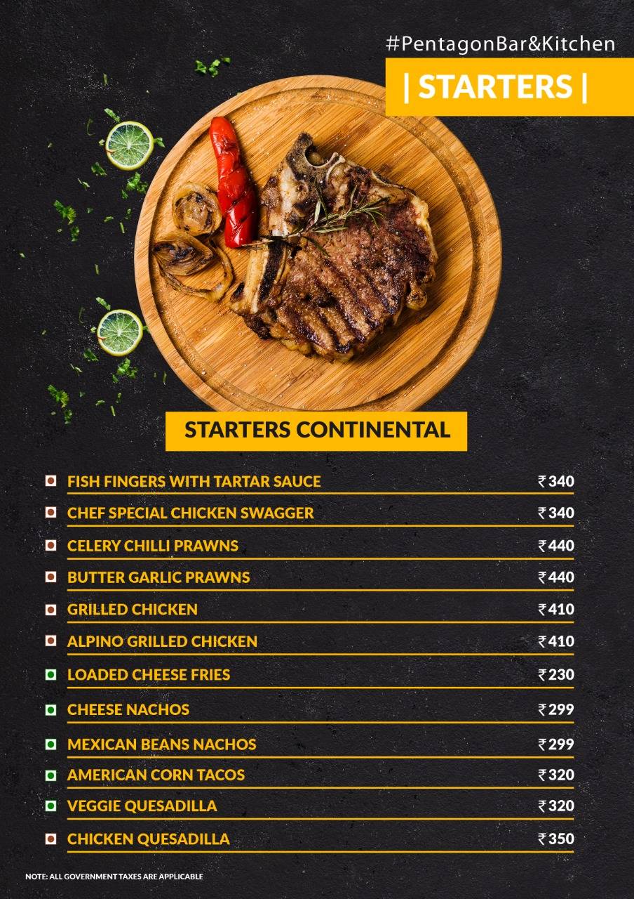 Pentagon Bar & Kitchen menu