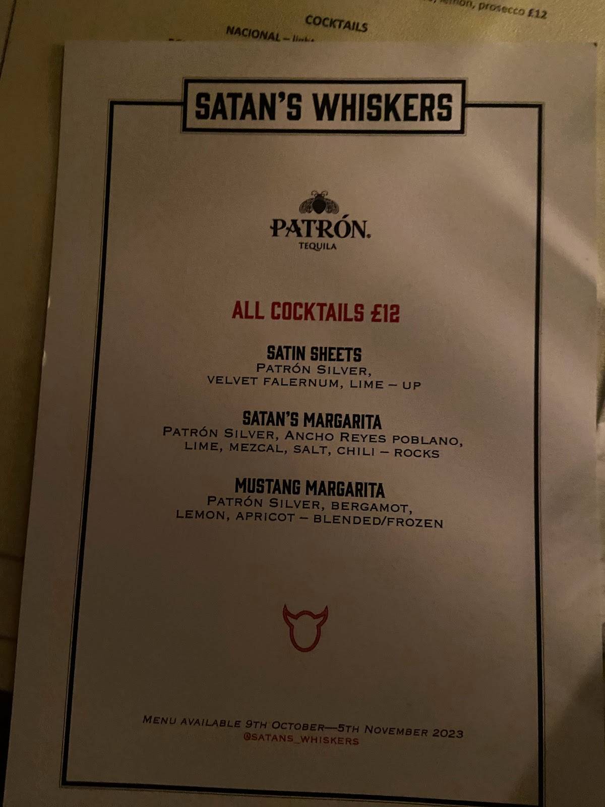 Menu at Satan's Whiskers pub & bar, London