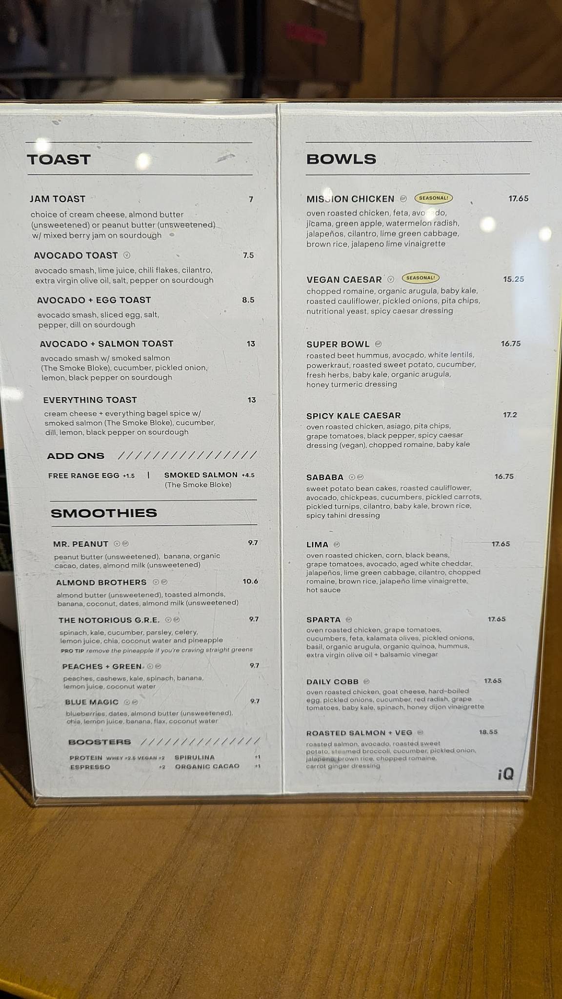 Menu de iQ Food Co.