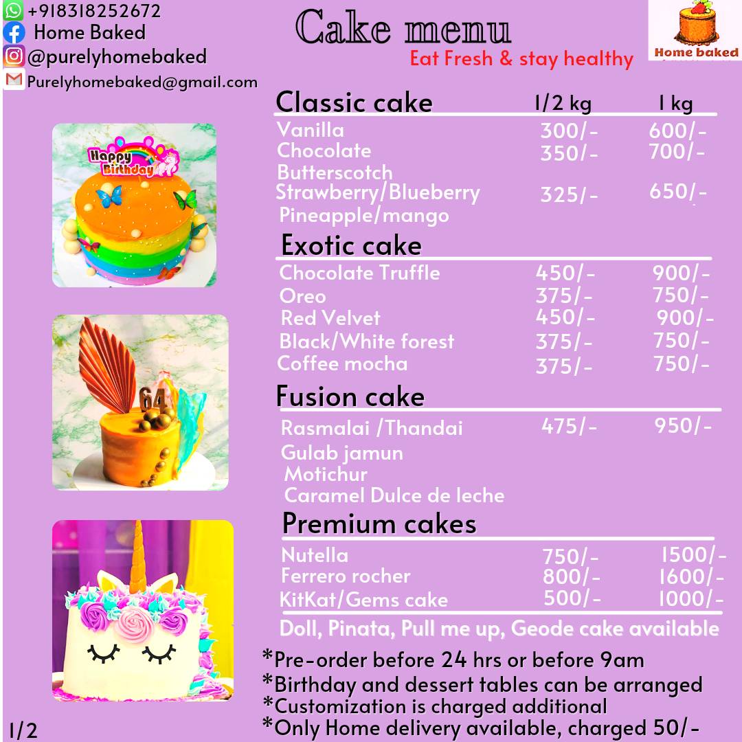 Purely Homebaked menu