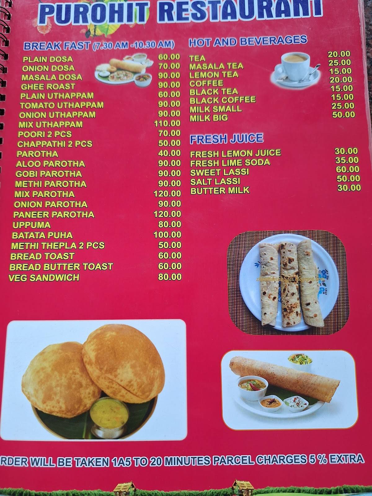 Purohit Restaurant menu