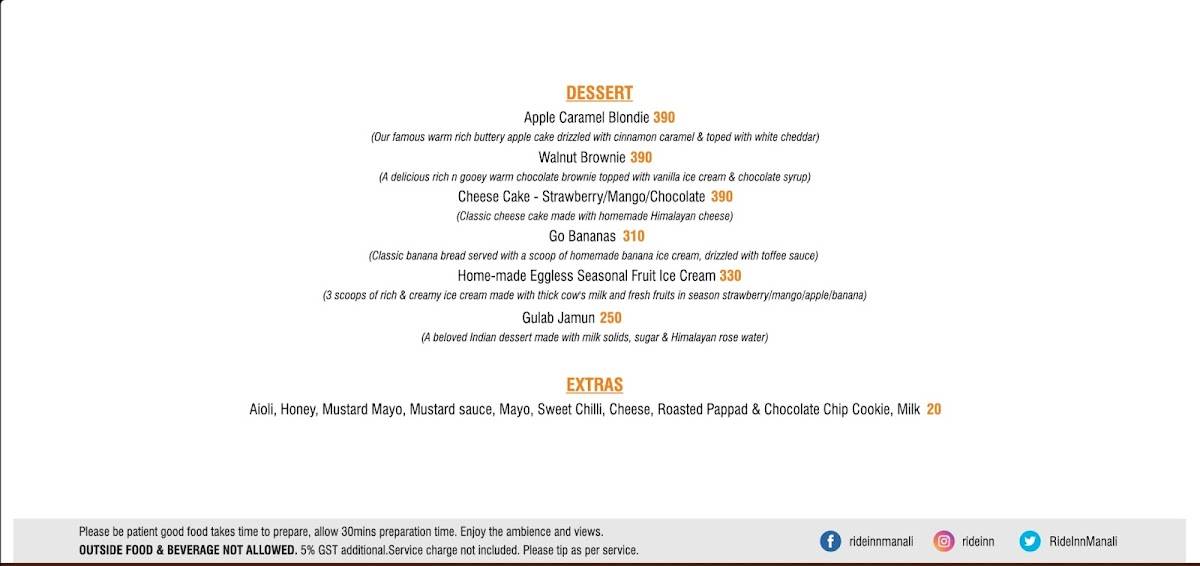 RIDE INN CAFE, BAR & Resort menu