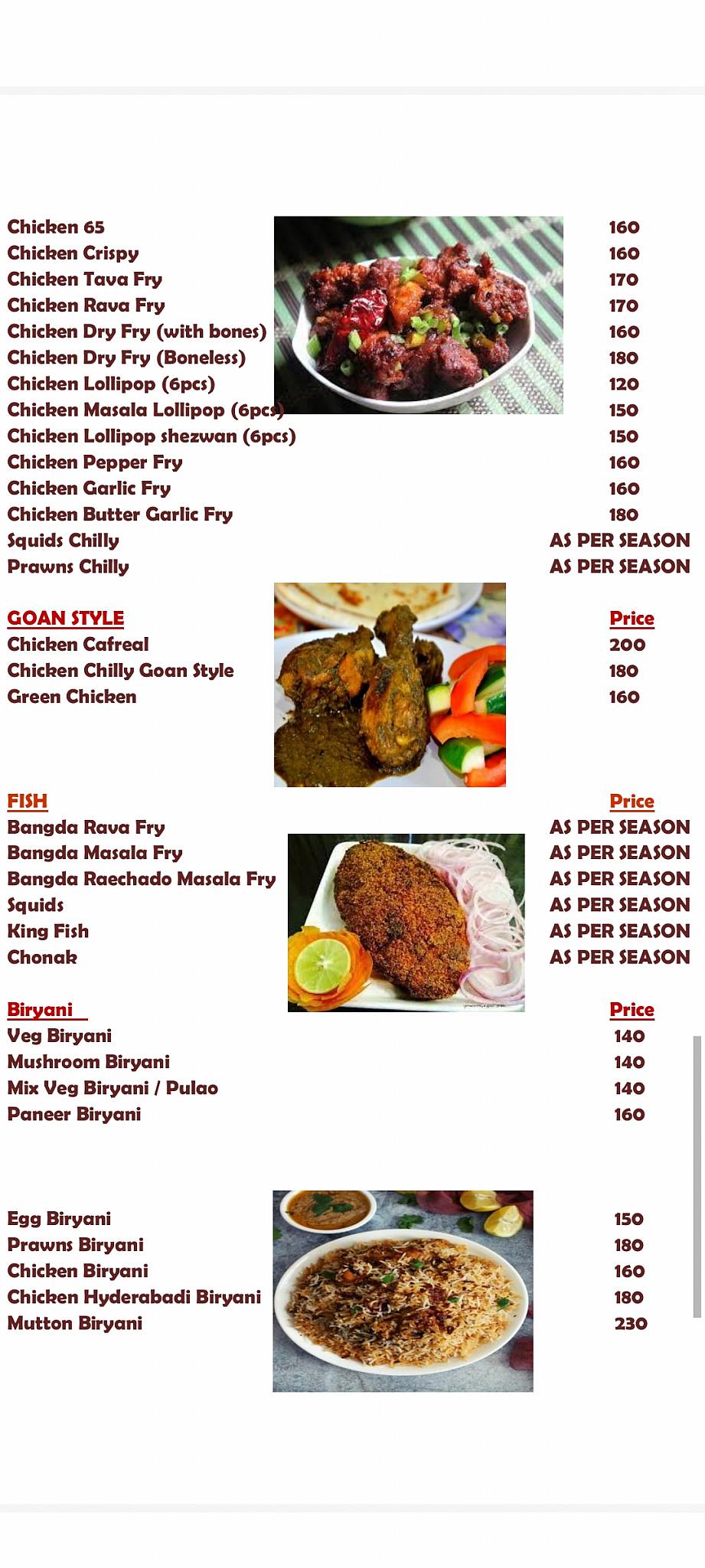 SUNANDA FAMILY RESTAURANT menu