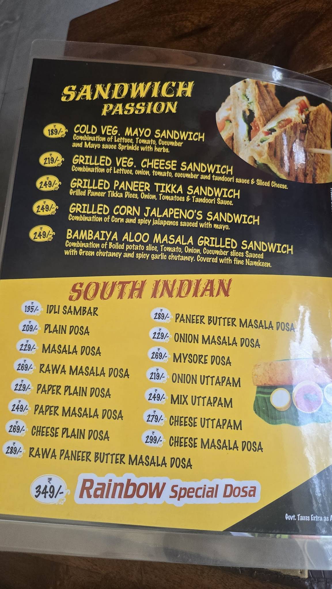 Rainbow Restaurant menu