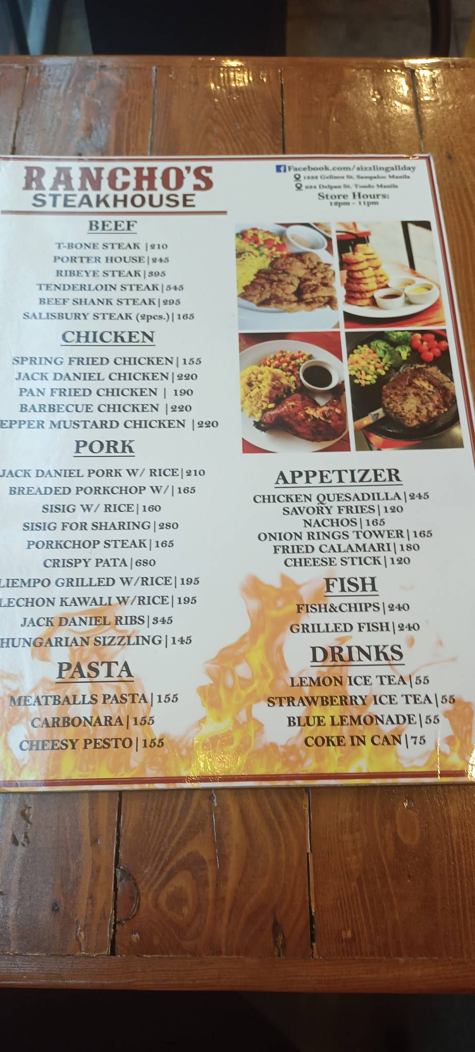 Menu at Rancho's Steak House restaurant, Manila