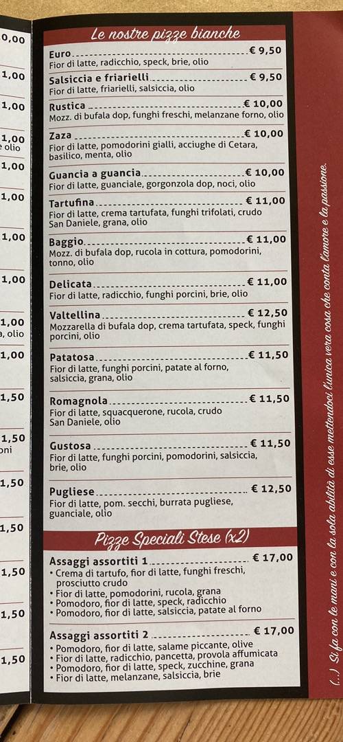 Menu di Europizza 
