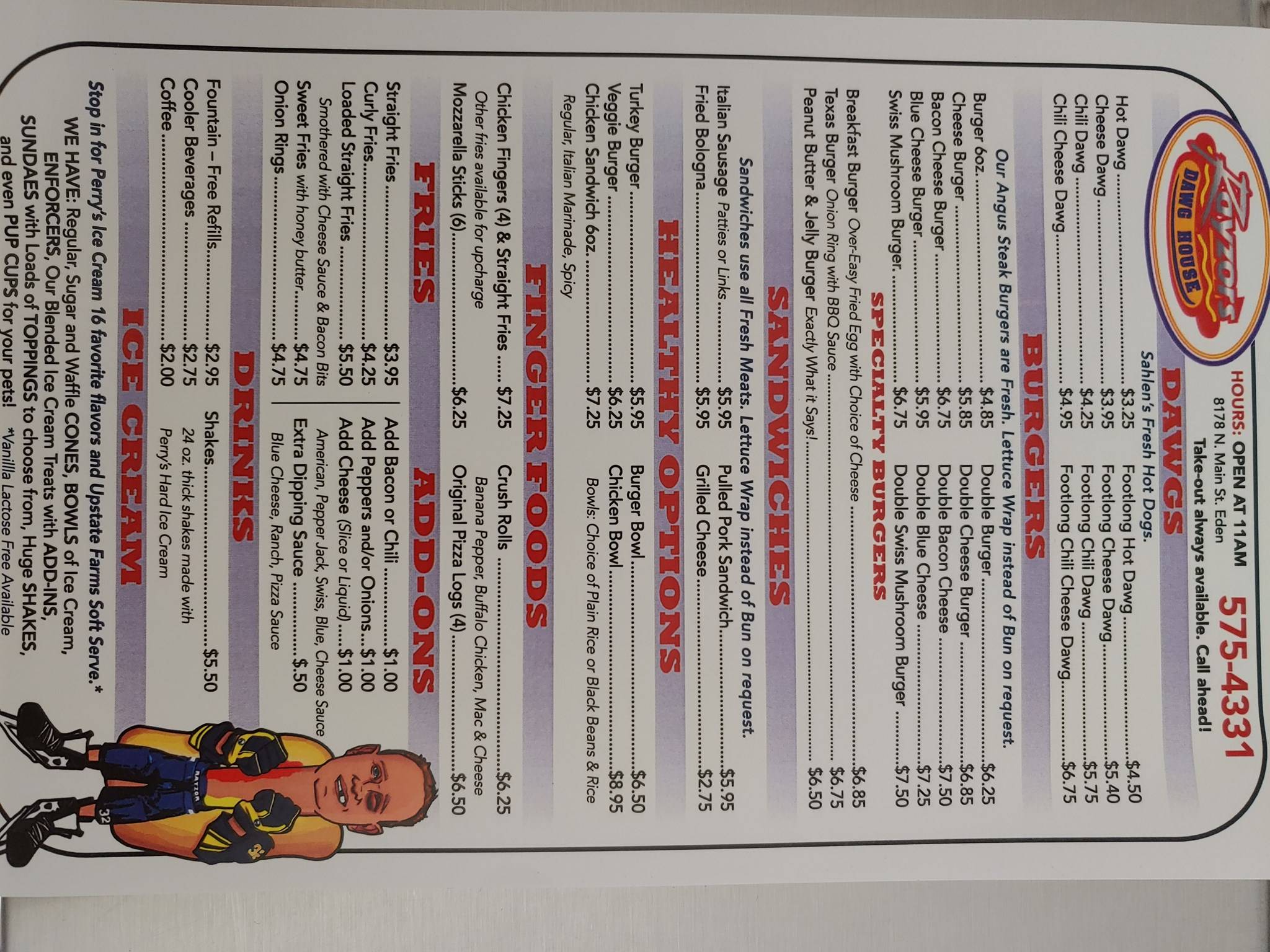 Menu at Rayzor's Dawg House restaurant, Eden