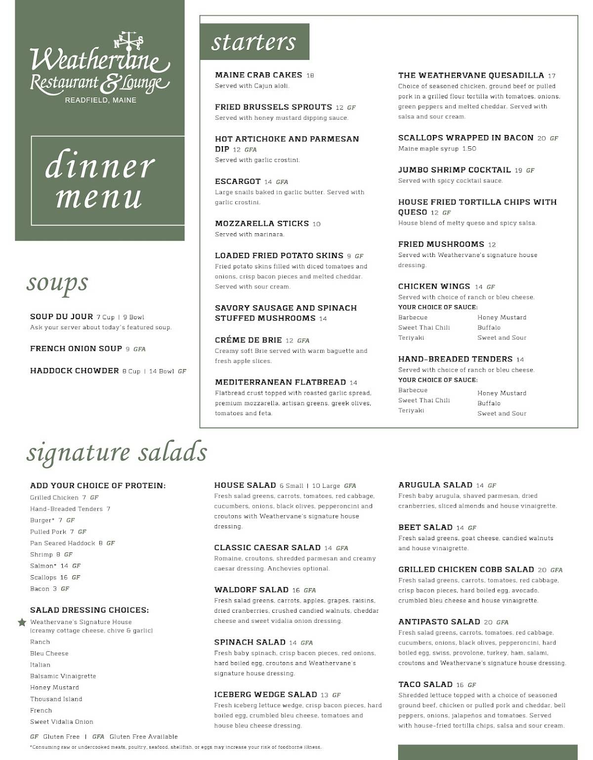 Menu at The Weathervane Restaurant & Lounge, Readfield, Main St