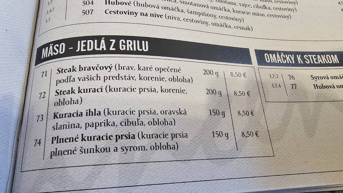 Menu de Reštaurácia Vincent