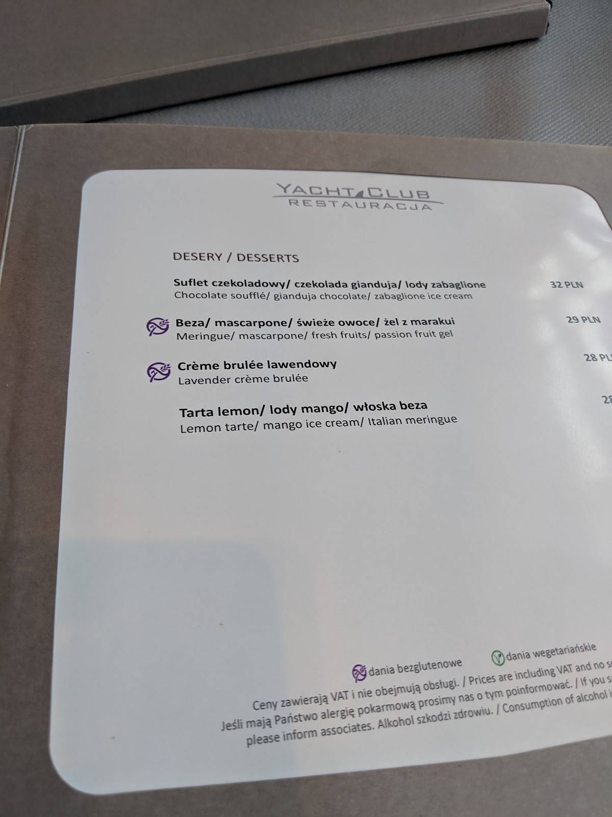 Restauracja Yacht Club menu