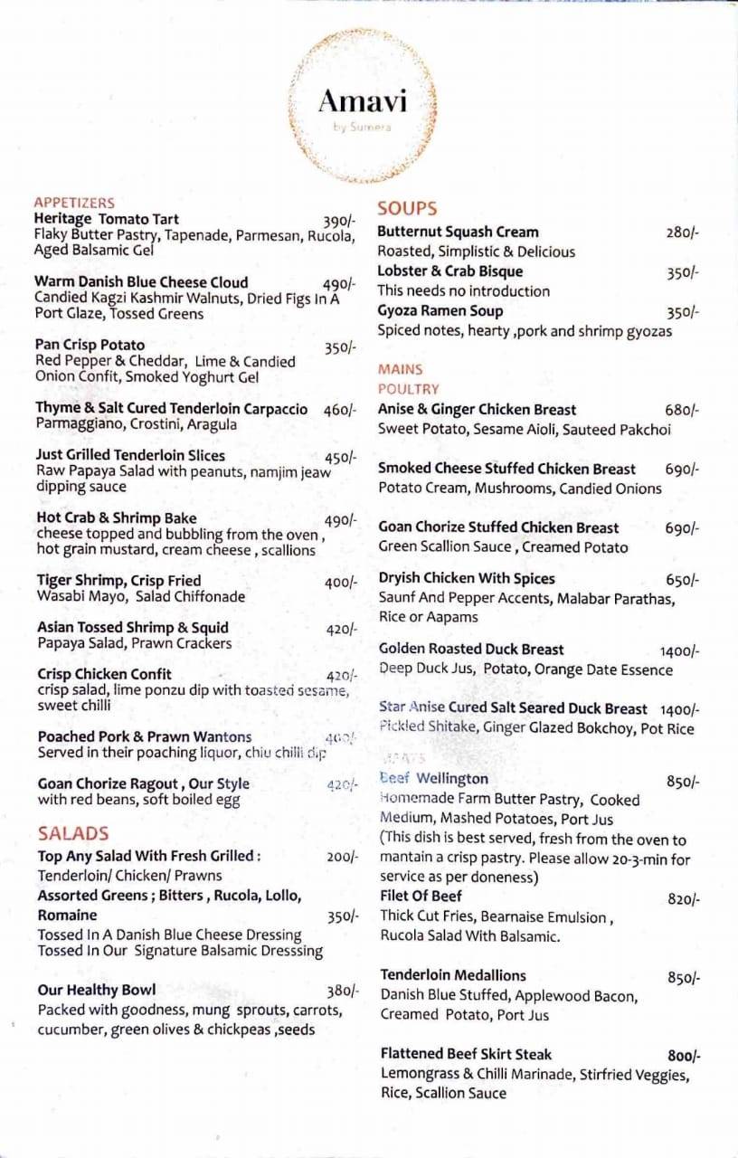 Amavi by Sumera menu