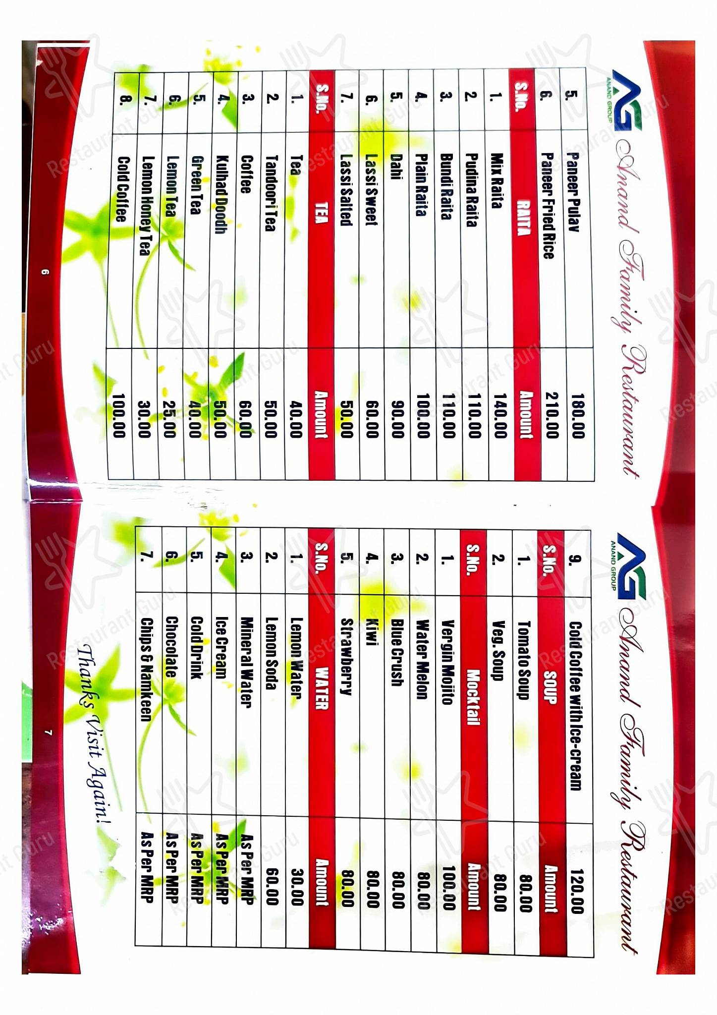 Anand Family Restaurant menu