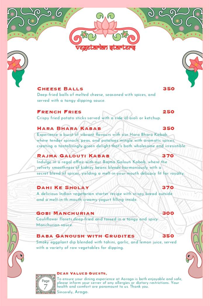 Arogo Restaurant menu