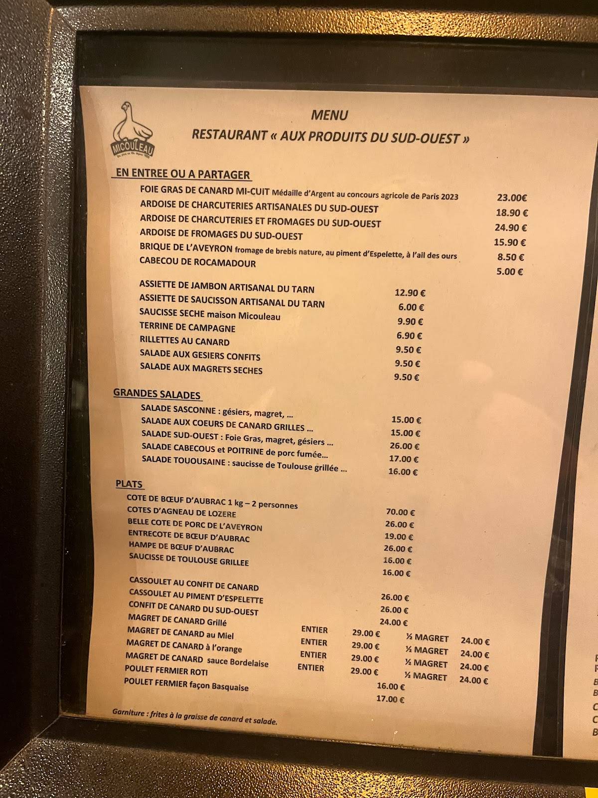 Menu de Restaurant Aux Produits du Sud Ouest