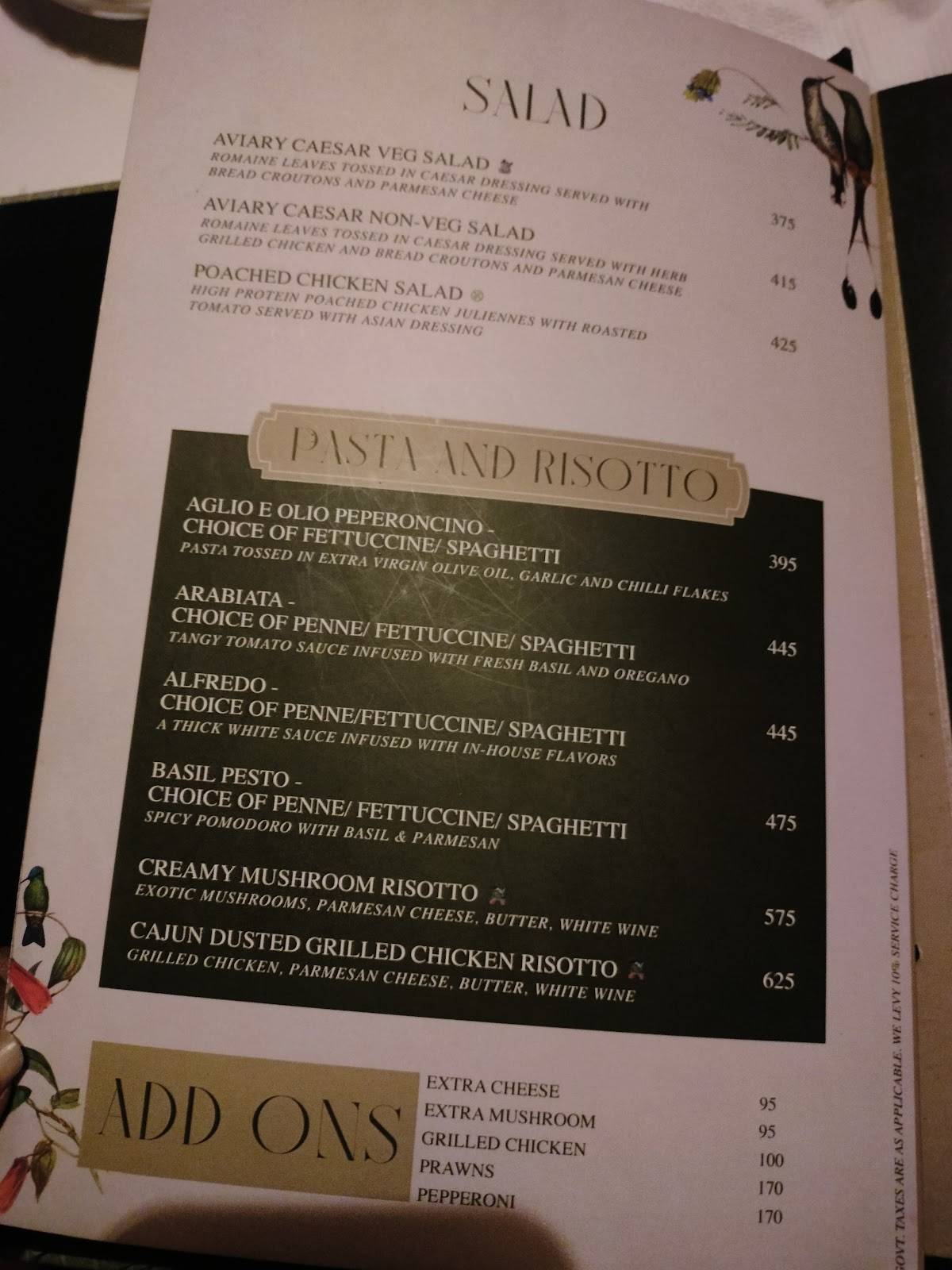 Aviary Cocktail Nest Kanpur menu