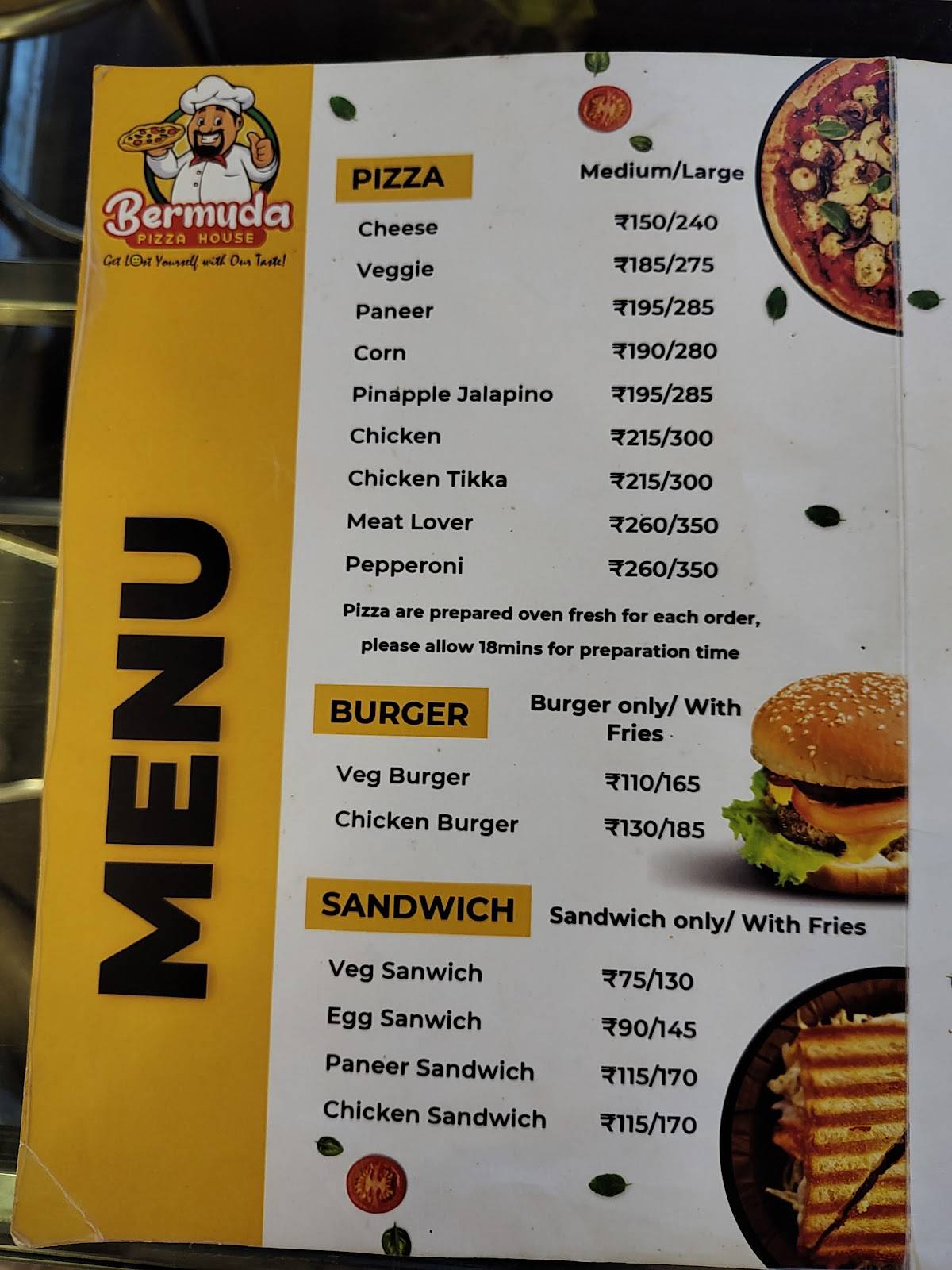 Bermuda Pizza House menu