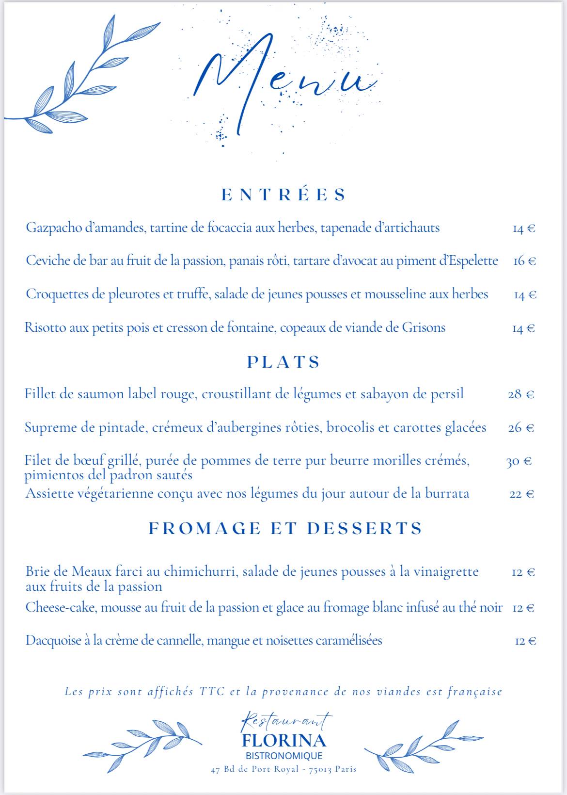 Menu de Restaurant Bistronomique FLORINA