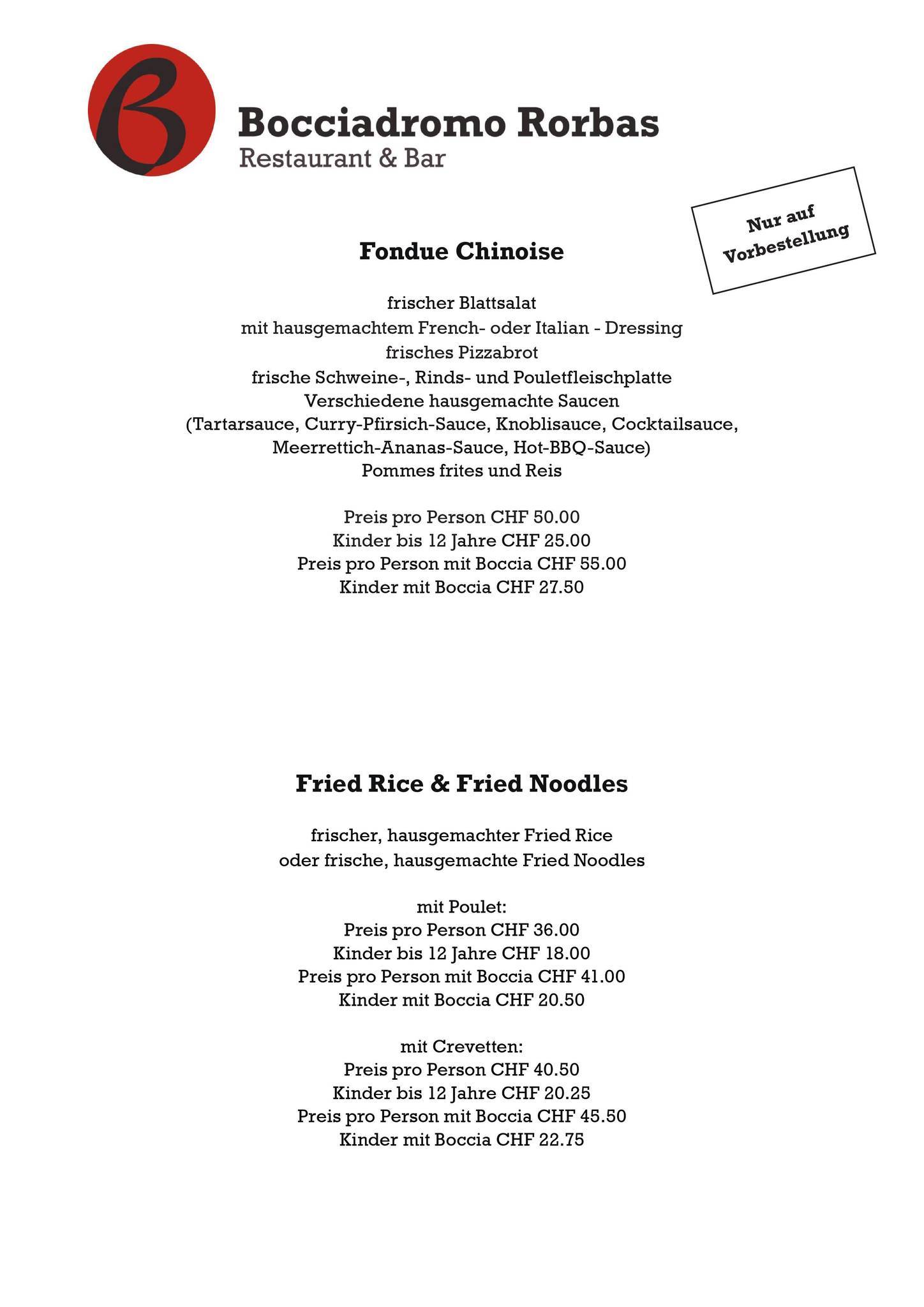 Menu de Restaurant Bocciadromo