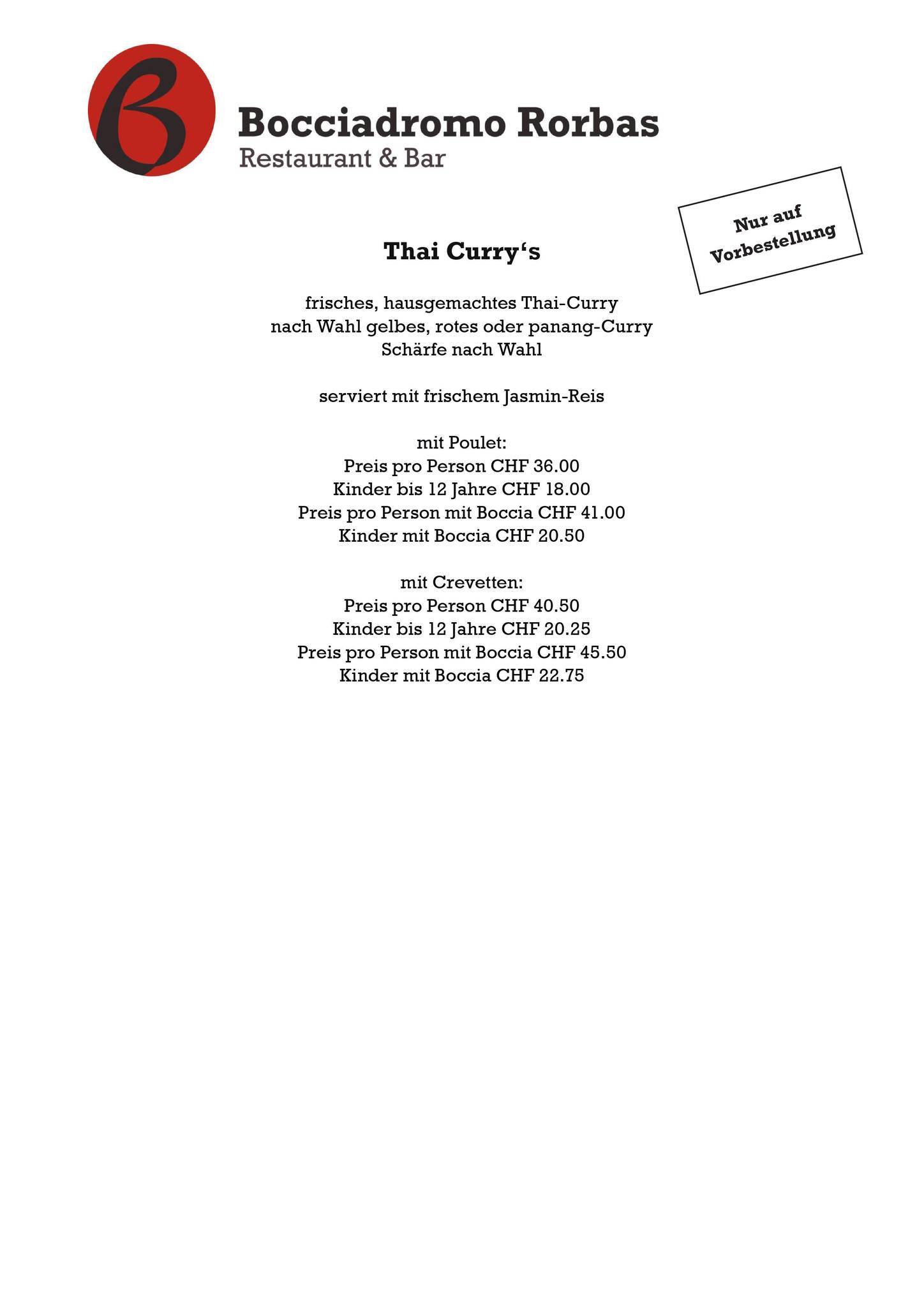 Menu de Restaurant Bocciadromo