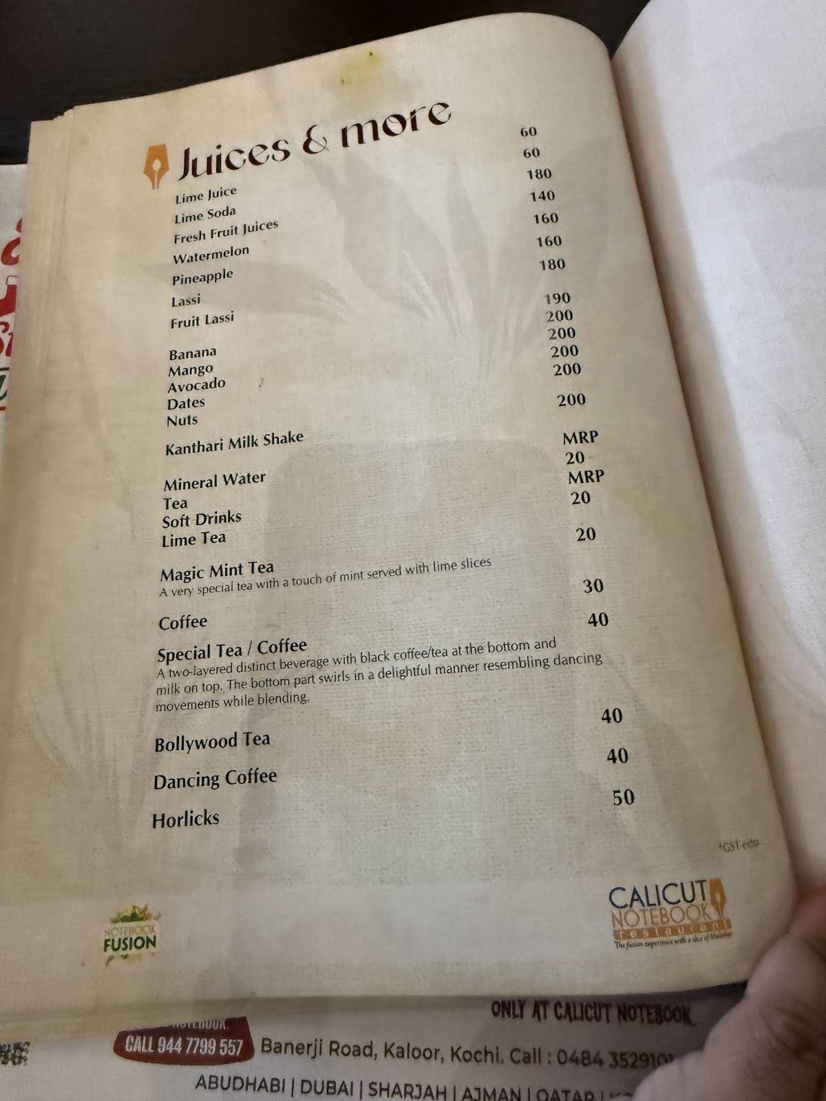Calicut Notebook Restaurant menu