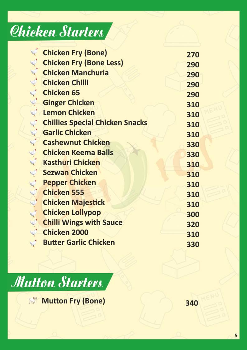 Chillies FOOD PARADISE menu