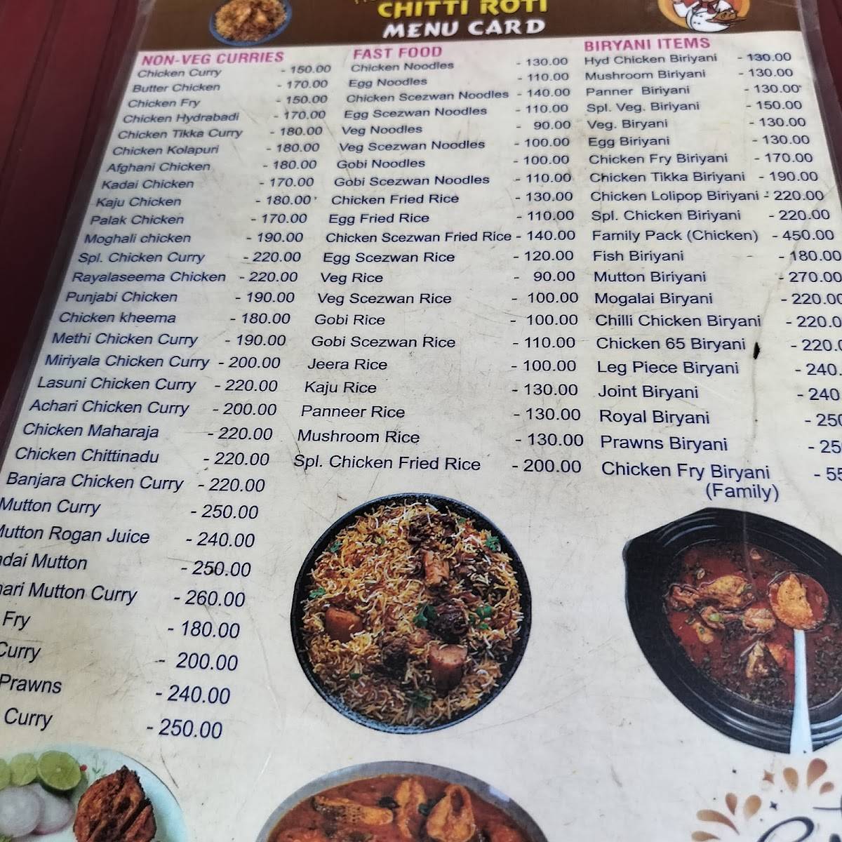 Chitti roti menu