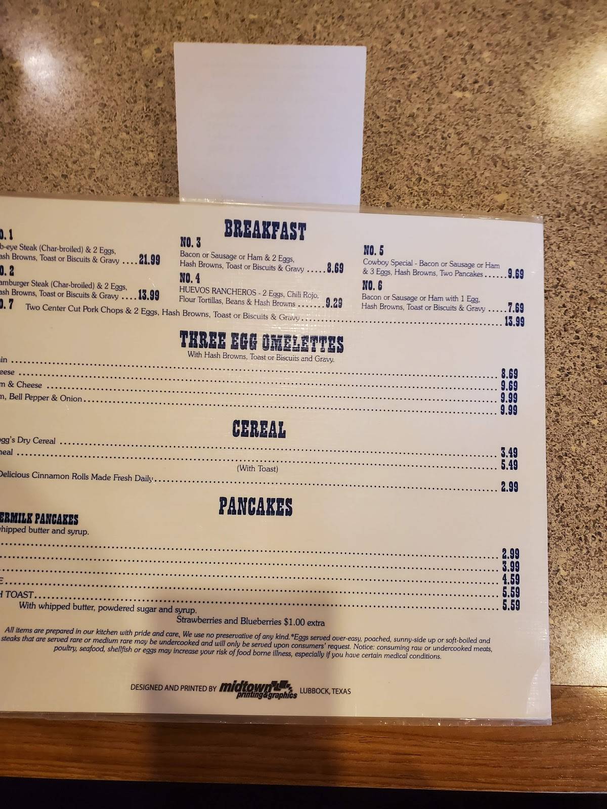Menu at Cook's Restaurant, Clovis