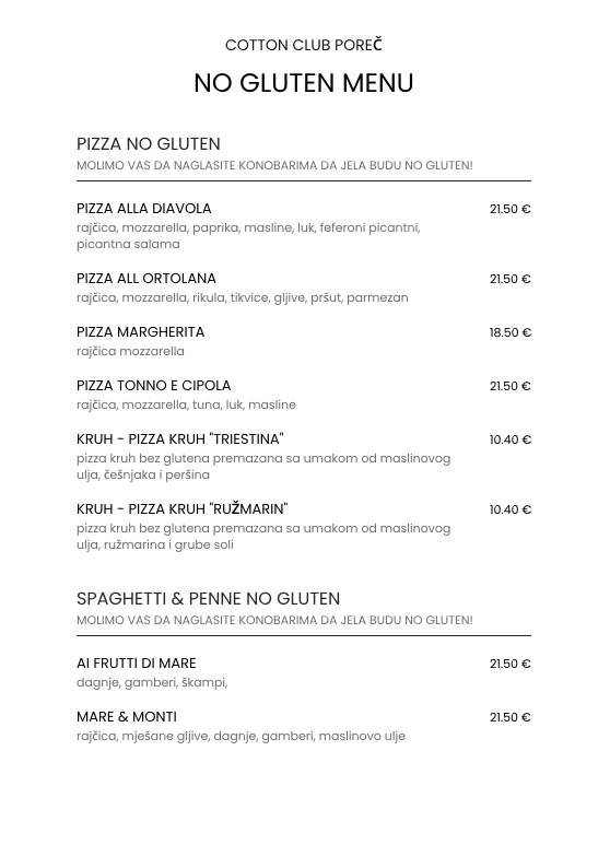 Menu di Cotton Club Porec 