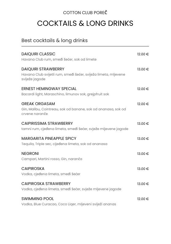 Menu di Cotton Club Porec 