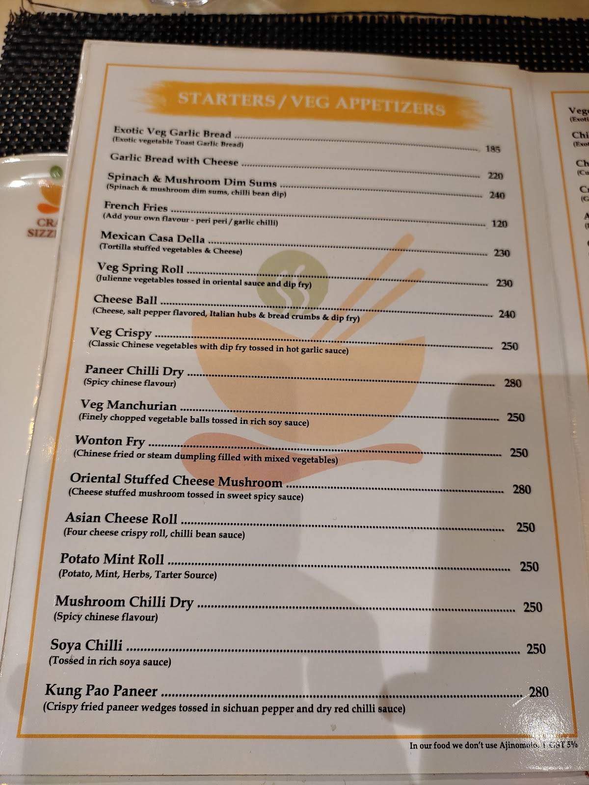 The Iraj crazy Sizzlers menu