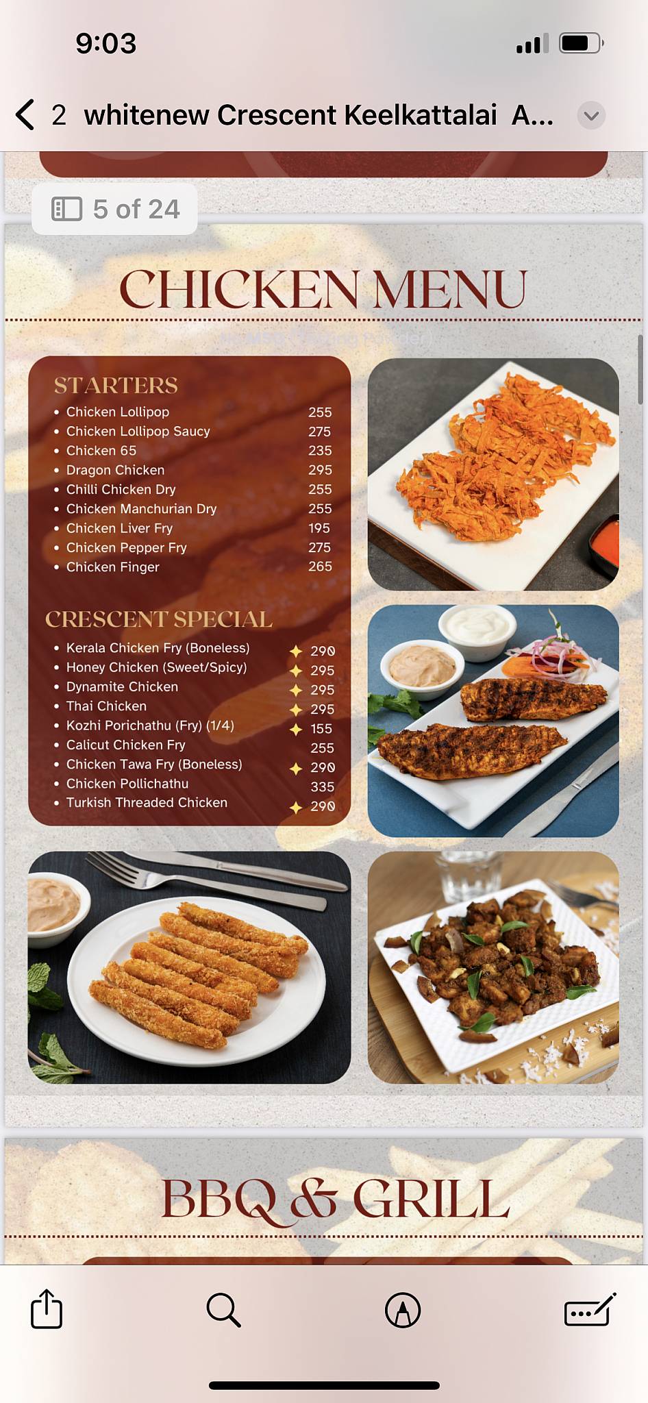 Crescent Restaurant, Keelkattalai menu